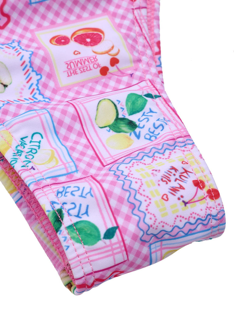 Set bikini con stampa a quadri di frutta rosa anni '60
