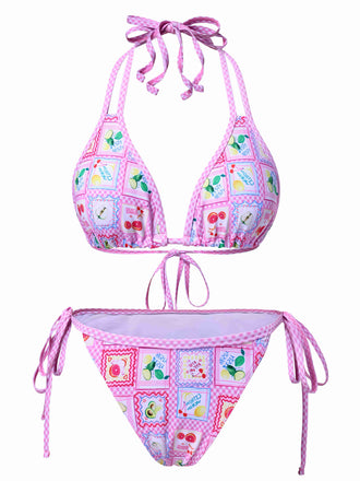 Set bikini con stampa a quadri di frutta rosa anni '60