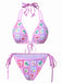 Set bikini con stampa a quadri di frutta rosa anni '60
