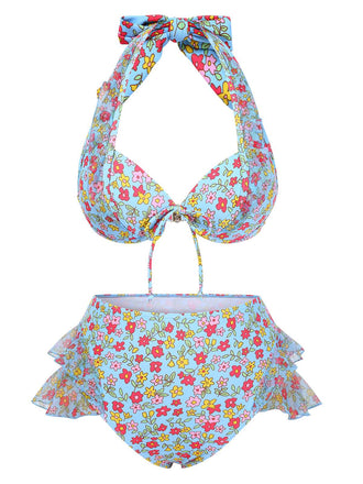 Set bikini volant fiori a fiorellini blu anni '50