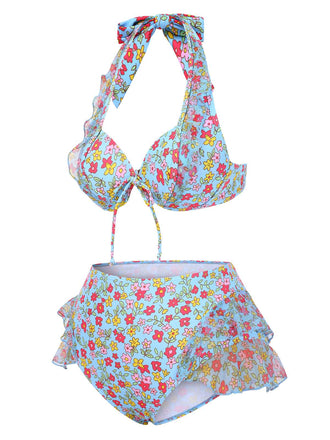 Set bikini volant fiori a fiorellini blu anni '50