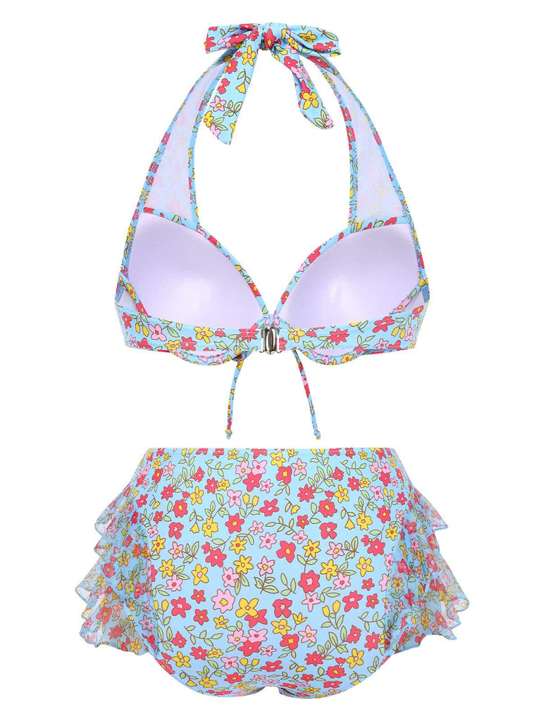 Set bikini volant fiori a fiorellini blu anni '50