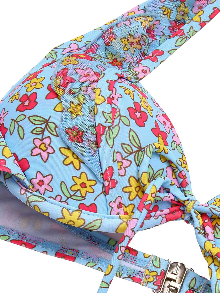 Set bikini volant fiori a fiorellini blu anni '50