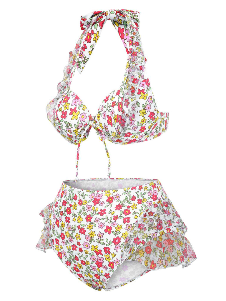 Set bikini volant fiori a fiorellini blu anni '50