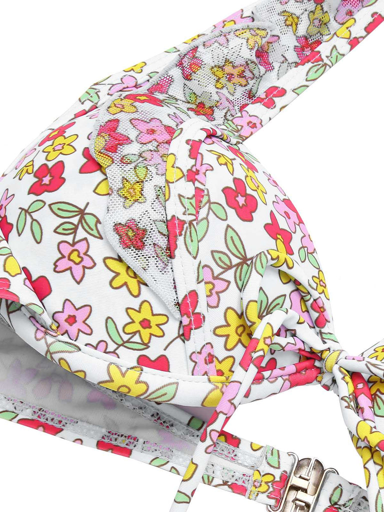 Set bikini volant fiori a fiorellini blu anni '50