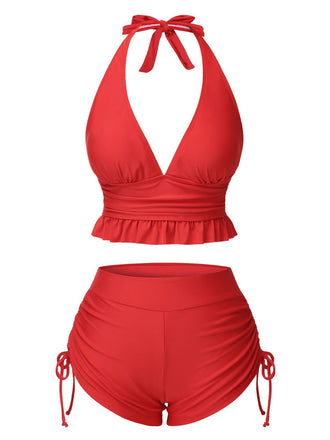 Set bikini con volant scollo all'americana rosso anni '50