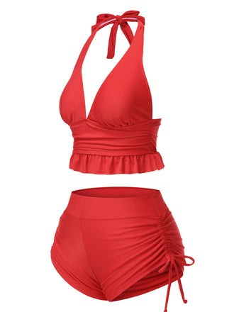 Set bikini con volant scollo all'americana rosso anni '50