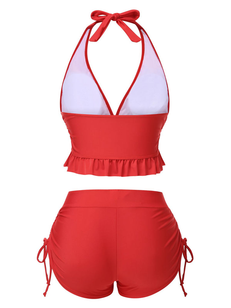 Set bikini con volant scollo all'americana rosso anni '50