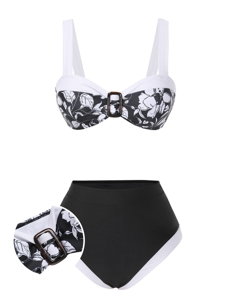 Set bikini silhouette floreale Hepburn nero anni '40