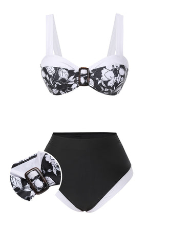 Set bikini silhouette floreale Hepburn nero anni '40