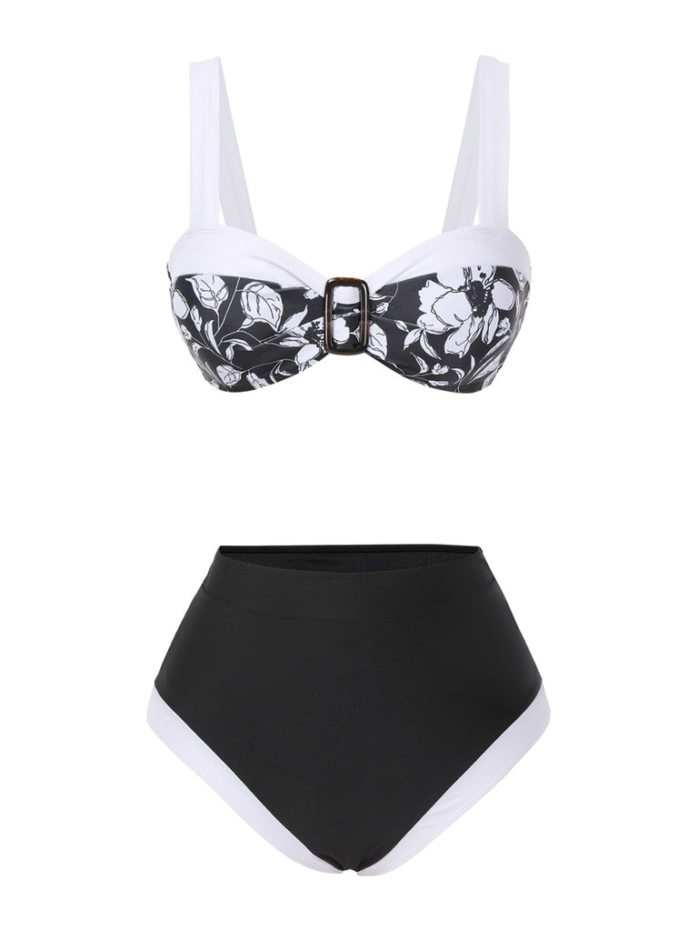 Set bikini silhouette floreale Hepburn nero anni '40