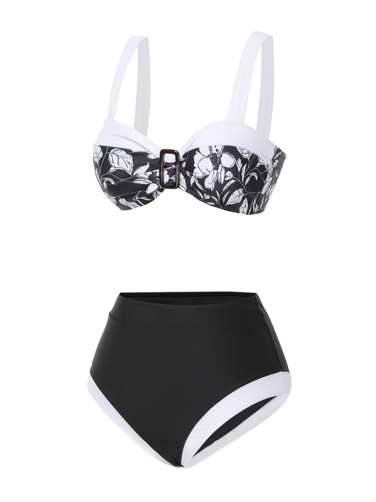 Set bikini silhouette floreale Hepburn nero anni '40