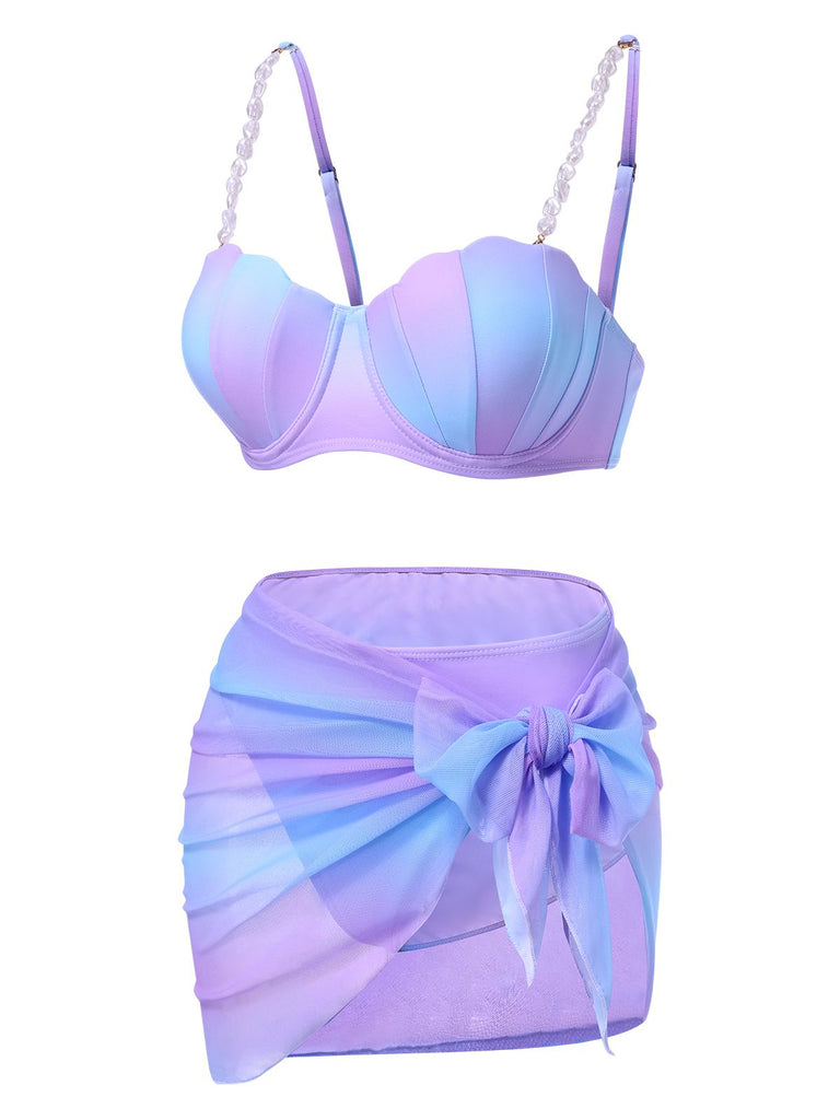 Set Bikini conchiglia spalline di perle blu anni '60
