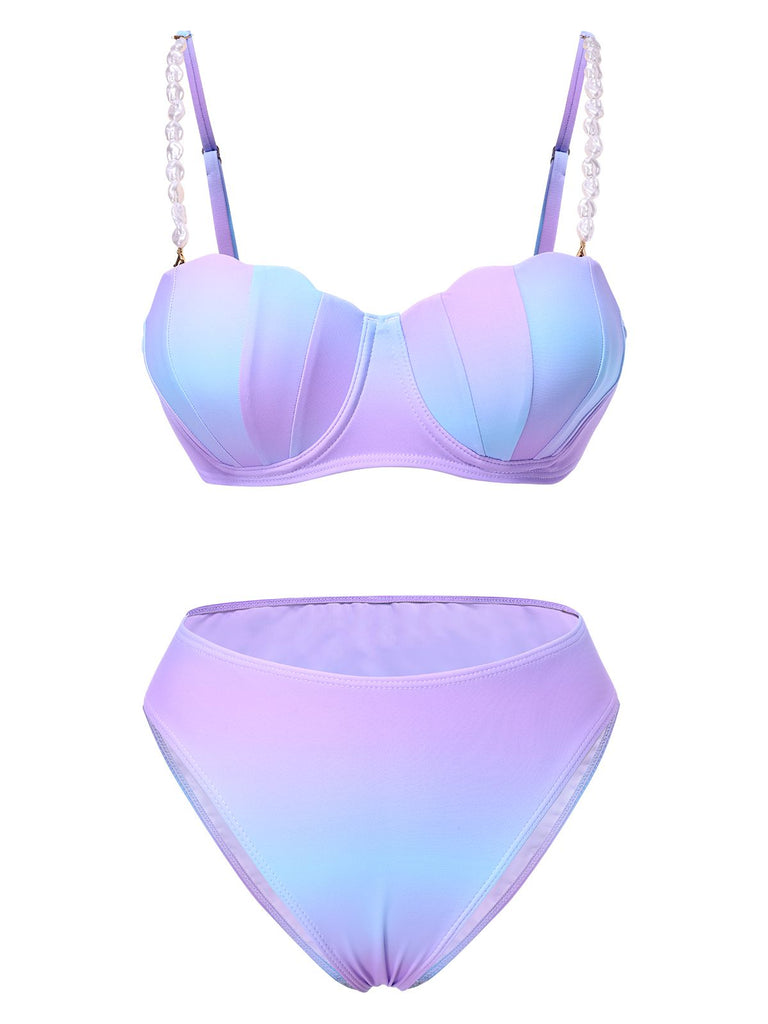 Set Bikini conchiglia spalline di perle blu anni '60