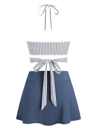 Set bikini a righe verticali scollo all'americana lacci anni '40