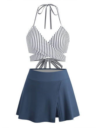 Set bikini a righe verticali scollo all'americana lacci anni '40