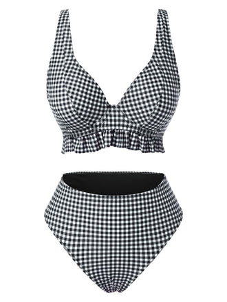 Set bikini plaid volant e scollo a V profondo nero anni '50