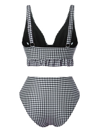 Set bikini plaid volant e scollo a V profondo nero anni '50