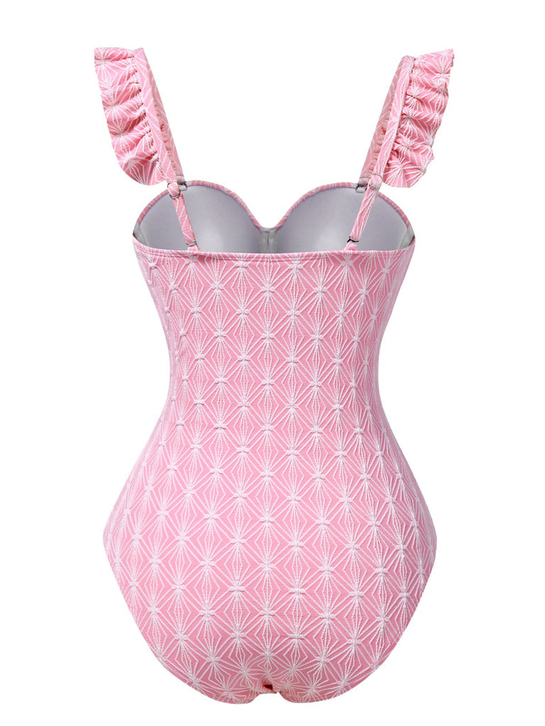 Costumi intero geometrici con volant rosa anni '50