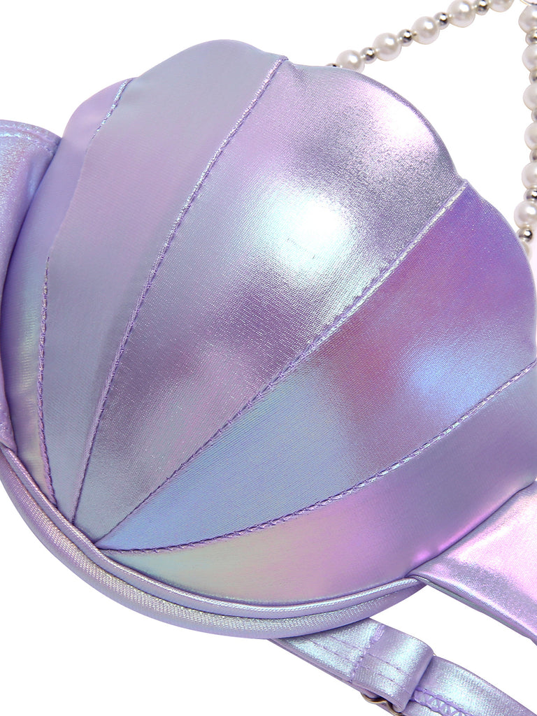 Top da bagno conchiglie con catena di perle viola anni '70
