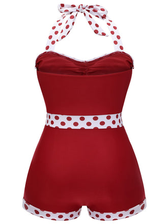 [Taglia Forti] Costume da bagno scollo all'americana pois rosso anni '40