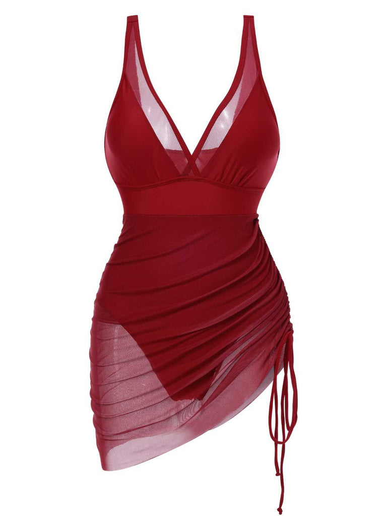 Costumi intero in rete trasparente con spalline rosso anni '50