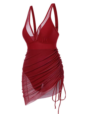 Costumi intero in rete trasparente con spalline rosso anni '50