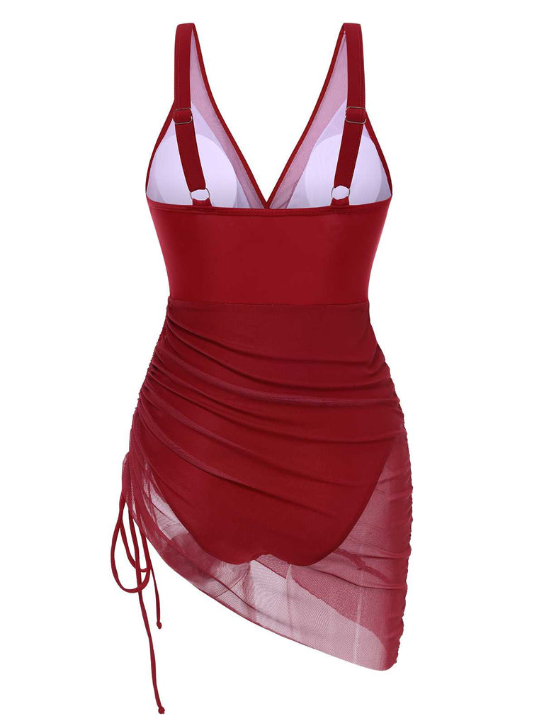 Costumi intero in rete trasparente con spalline rosso anni '50