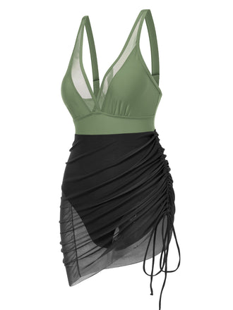 Costumi intero in rete trasparente spalline verde e nero anni '50