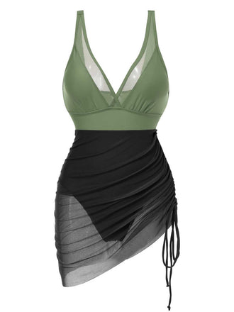 Costumi intero in rete trasparente spalline verde e nero anni '50