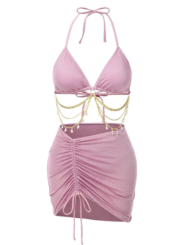 bikini e copricostume con catena e cristalli scintillanti anni '70