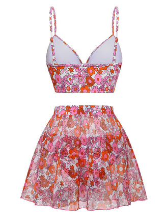 2PCS Set bikini e copricostume floreale cartoon multicolore anni '50