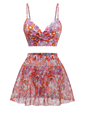 2PCS Set bikini e copricostume floreale cartoon multicolore anni '50