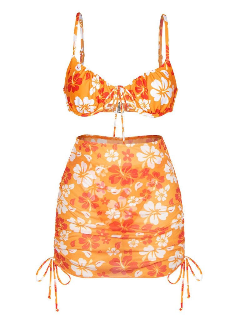 Bikini con gonna silhouette floreale arancione anni '50