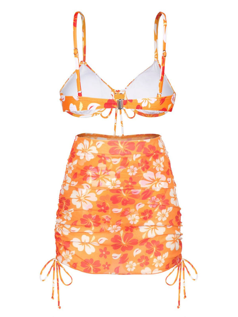 Bikini con gonna silhouette floreale arancione anni '50