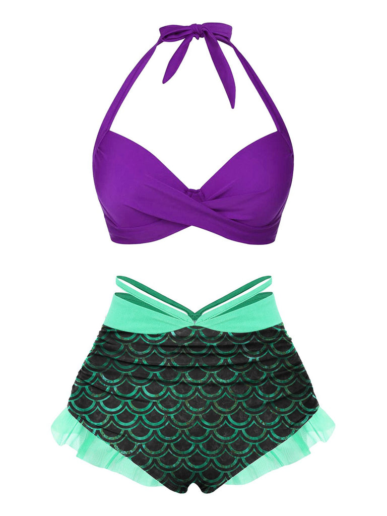 Costume da bagno squame di sirena verde anni '70