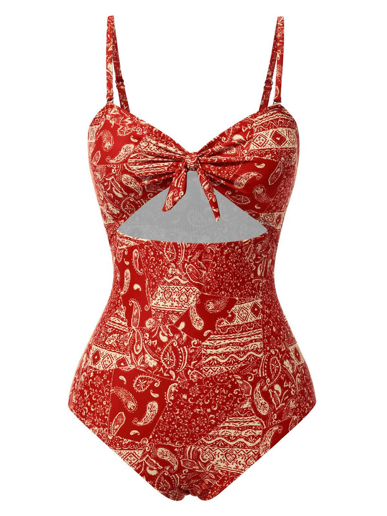 Costumi intero stampa Paisley cava spalline rosso anni '70