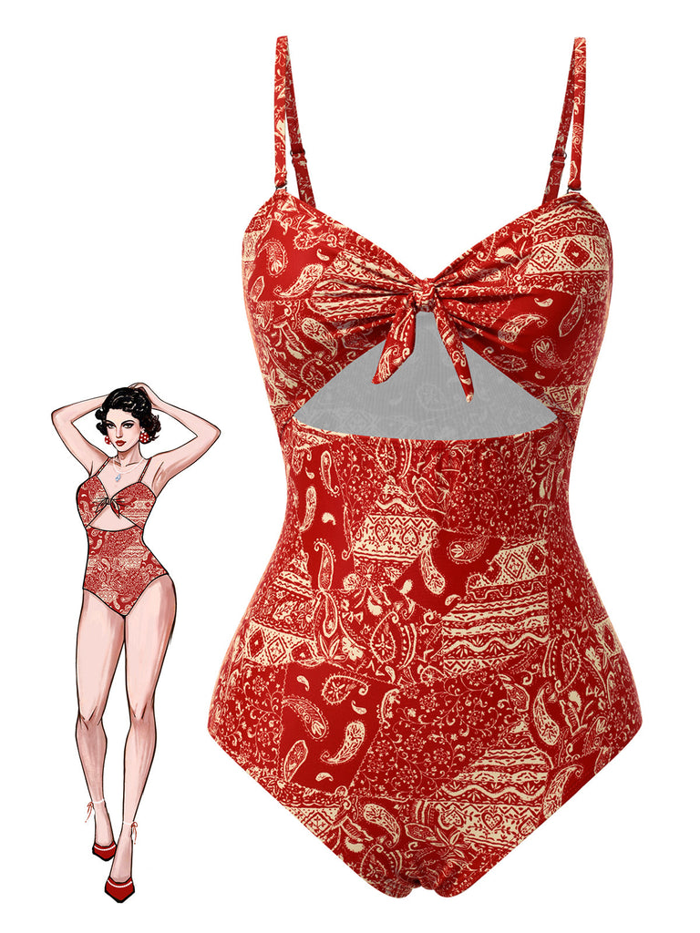 Costumi intero stampa Paisley cava spalline rosso anni '70