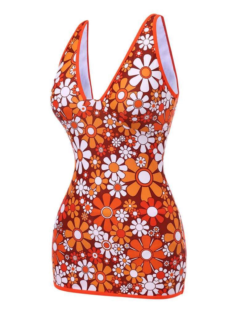 Costumi intero stampa floreale bohémien marrone anni '60