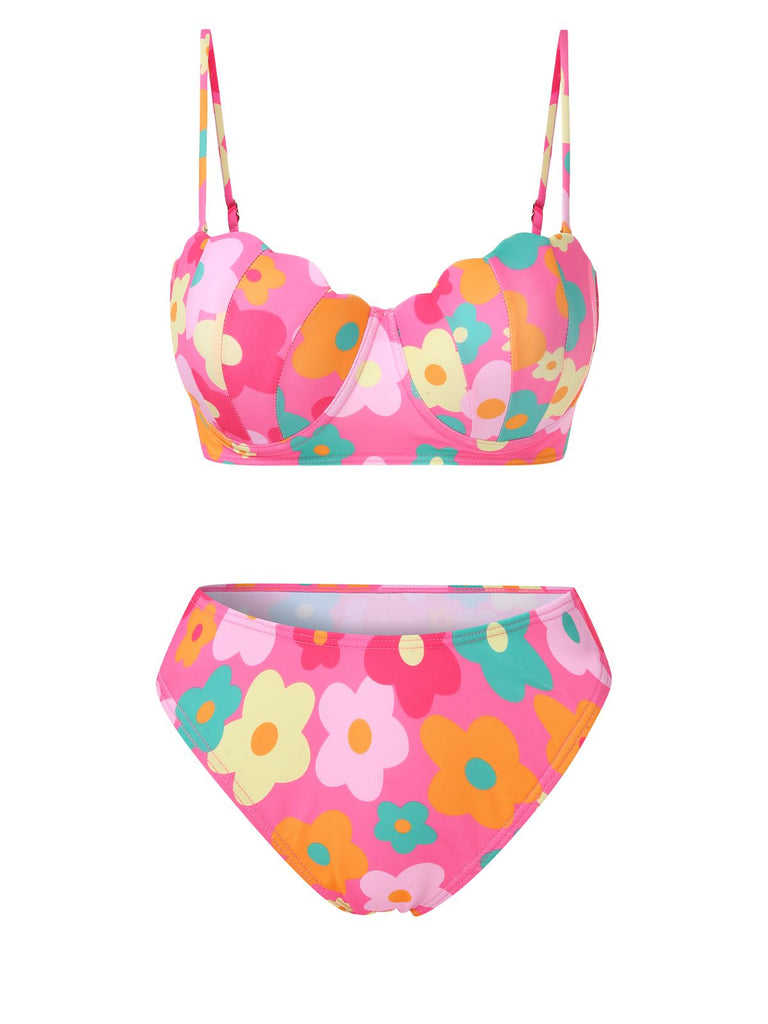 Set bikini e copricostume floreale a conchiglia spalline anni '60