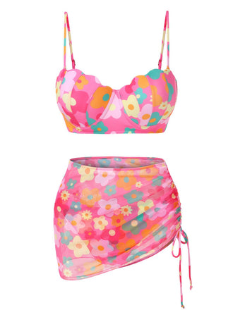 Set bikini e copricostume floreale a conchiglia spalline anni '60