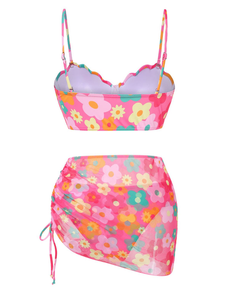Set bikini e copricostume floreale a conchiglia spalline anni '60