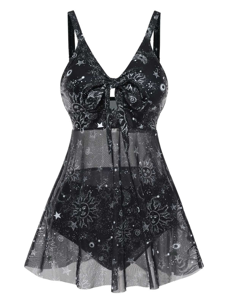 Costumi con stampa sole e luna in rete nero anni '30