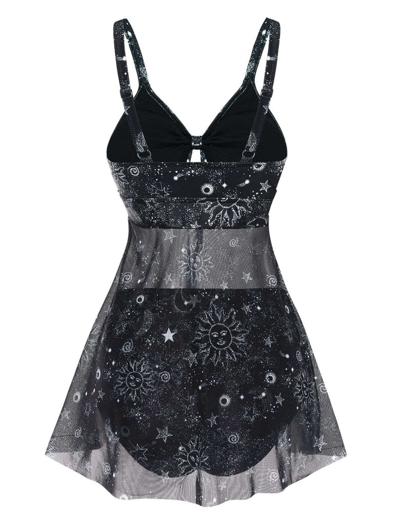 Costumi con stampa sole e luna in rete nero anni '30