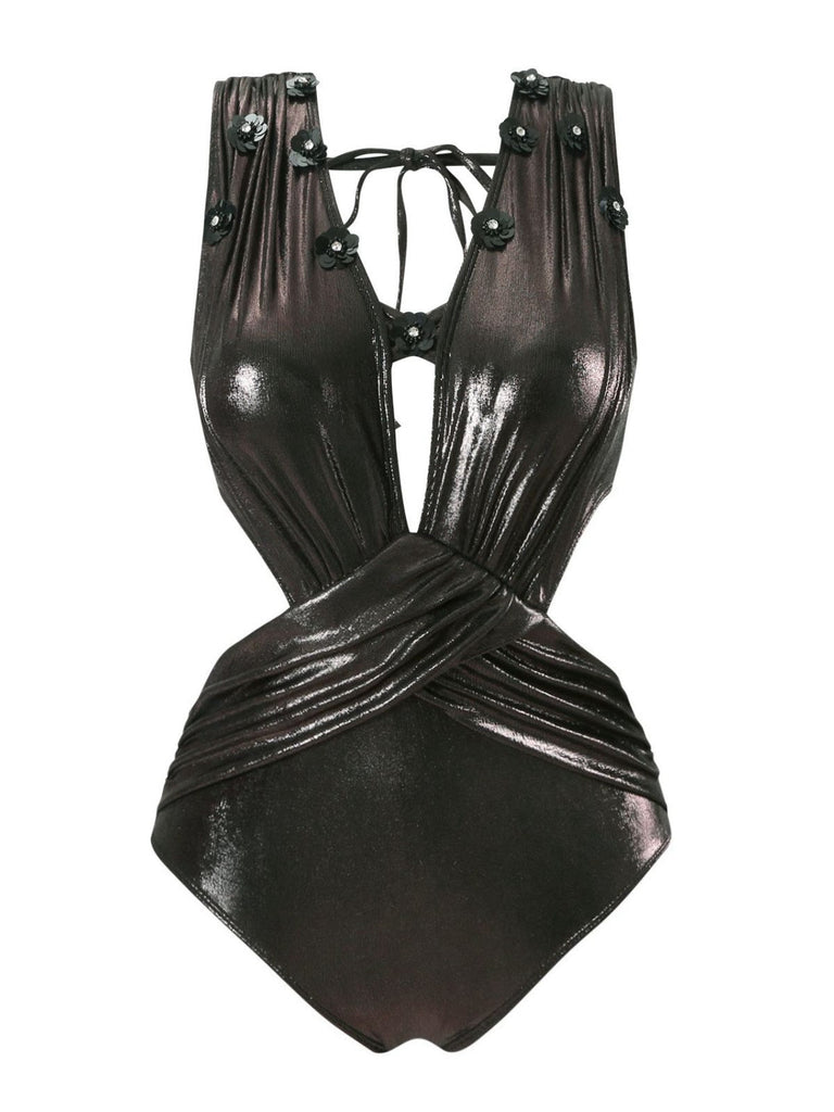 Costumi intero lucido con spalline sottili nero anni '70