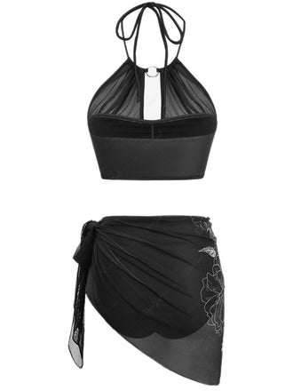 2PCS Set bikini e copricostume teschio gotico nero anni '80