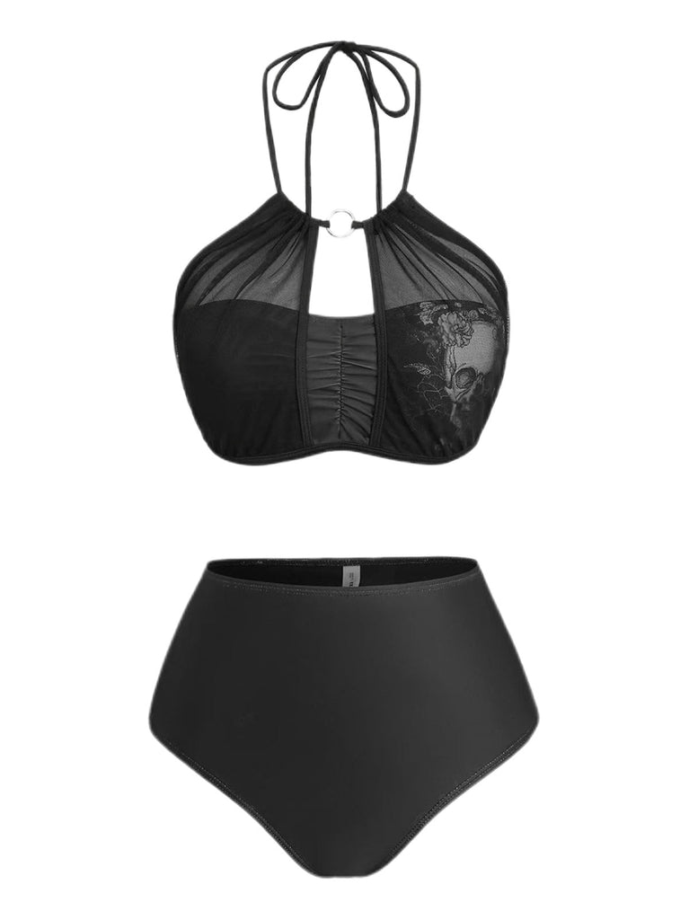 2PCS Set bikini e copricostume teschio gotico nero anni '80