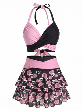 Costumi gonna teschio e rosa gotico nero e rosa anni '80