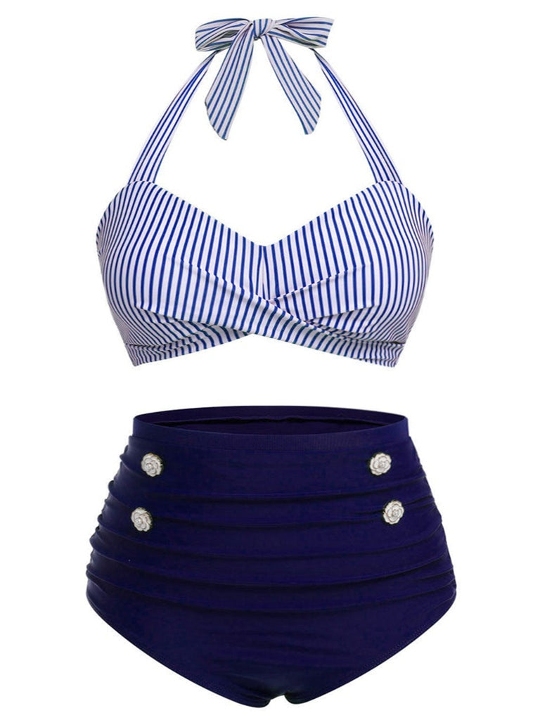 [Taglia Forti] Costumi a righe scollo all'americana blu anni '40
