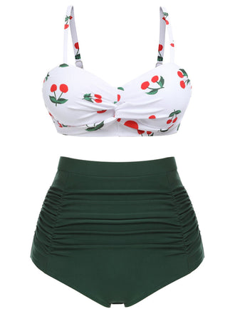 [Taglia Forti] Set Bikini scollo a cuore ciliegia spalline sottili verde anni '50